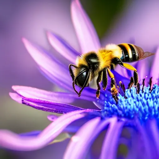 Prompt: a bee landing on a burning blue flower, the background is on fire, there is fire everywhere, macro photography
