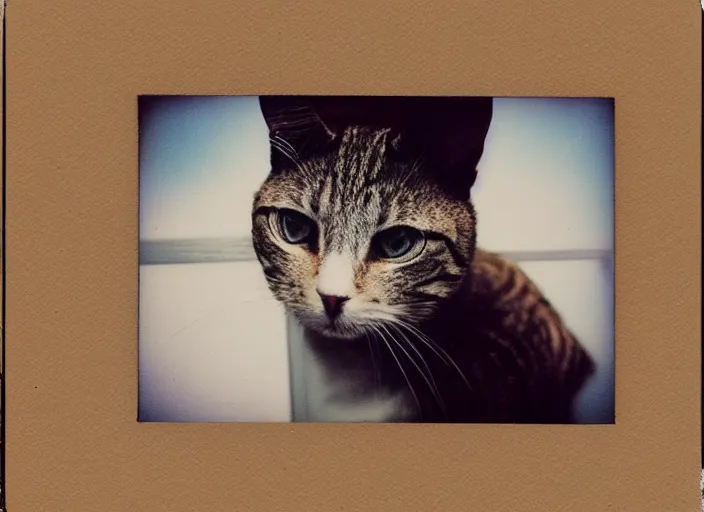 Prompt: photography polaroid of a Jack Cat . watching outside the window. on a bed. in a 70's room full of vinyls and posters, photorealistic, award winning photo, 100mm, sharp, high res