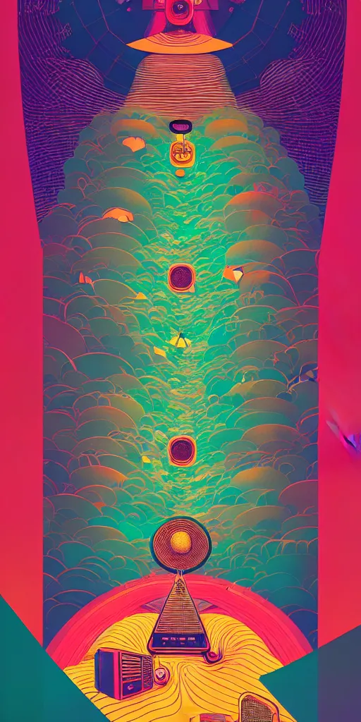 Image similar to giant concert festival speakers, wall of sound, music studio, poster art by victo ngai, ori toor, kilian eng behance contest winner, crystal cubism, poster art, cubism, tarot card, psychedelic art, concert poster, poster art, maximalist