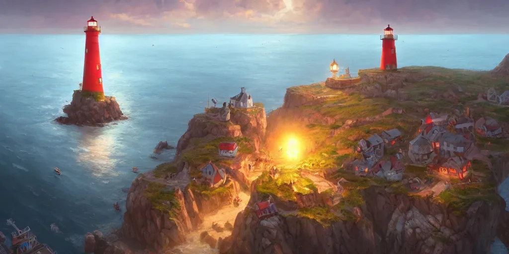 Image similar to Cozy small fantasy village on a cape with a lighthouse, fishing boats, view from above. In style of Greg Rutkowski, Jesper Ejsing, Makoto Shinkai, trending on ArtStation, fantasy, great composition, concept art, highly detailed, scenery, 8K, Behance.