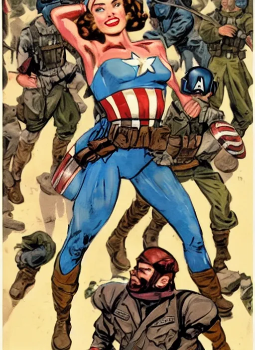 Image similar to beautiful female captain america standing on a pile of defeated, beaten and broken german soldiers. feminist captain america wins wwii. american wwii propaganda poster by james gurney. gorgeous face. overwatch. ralph bakshi and frank miller