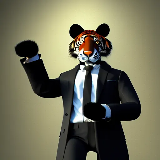 Image similar to portrait of an anthropomorphic tiger wearing a black suit, ultra detail, ultra realistic, soft fur, ssao 8 k