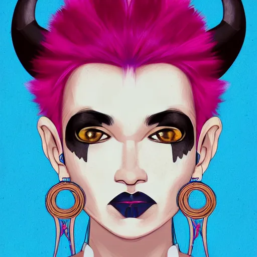 Image similar to illustrated portrait of ram-horned devil woman with blue bob hairstyle and hex #FFA500 colored skin tone and with solid black eyes wearing leather by rossdraws