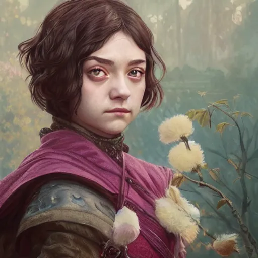 Image similar to portrait of an Arya Stark Hello Kitty hybrid, D&D, fantasy, intricate, elegant, highly detailed, digital painting, artstation, concept art, smooth, sharp focus, illustration, art by artgerm and greg rutkowski and alphonse mucha