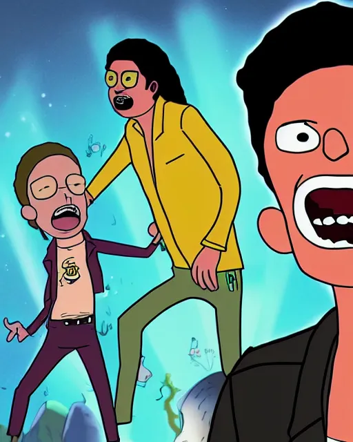 Image similar to portrait of michael jackson in the style of justin roiland. cinematic lighting. style of rick & morty. photographic, photography. by justin roiland