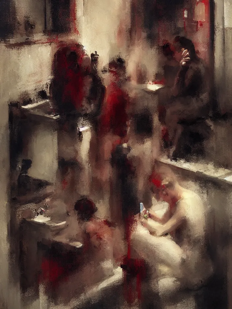 Image similar to a beautiful painting by mark tennant of people looking at their phone in a bathroom, color bleeding, brushstrokes by jeremy mann