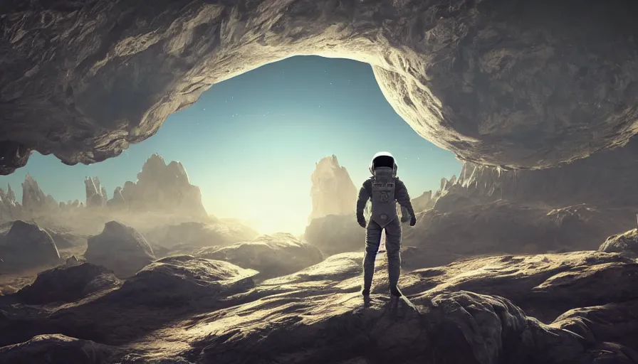 Image similar to A matte painting of an Astronaut on a planet from Pitch Black movie, it's strange and beautiful new world, high rocks, ray traced sun light, by Cindy Avelino and Kalin Popov , Unreal Engine, Octane Render, realistic rendering. Trending on artstation HD.