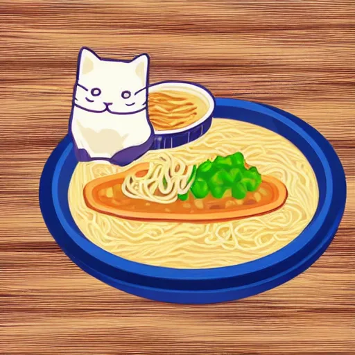 Prompt: cute fat cat sitting in front of ramen noodles on toast, photo realistic