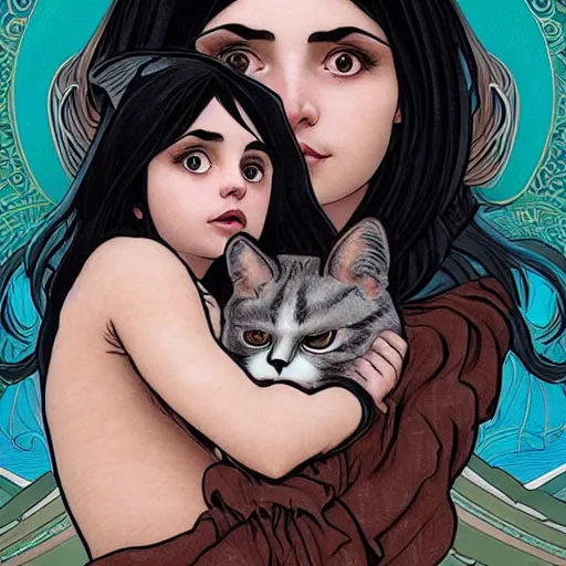 Image similar to cute emo martian woman, with long dark hair, thick eyebrows!!! dark eyes and dark circles!, wide nose!!!, big eyes, oval face shape, big cheeks!, she is holding a cat in her arms, by juan villafuerte, greg rutkowski and alphonse mucha, pexels contest winner, high quality photo, hd rtx