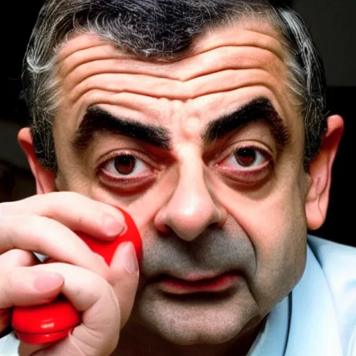 Prompt: rowan atkinson inside a can of baked beans