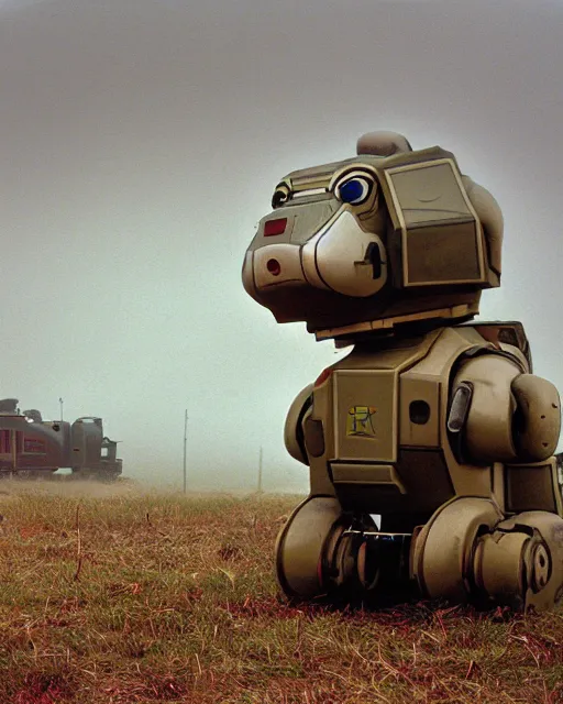 Prompt: giant oversized chubby bulky armored train pug dog robot mech, with big pug head , rocket launcher , on a village , Cinematic focus, fujicolor photo, vintage, neutral colors, soft lights, foggy, panorama by by Serov Valentin, by lisa yuskavage, by Andrei Tarkovsky