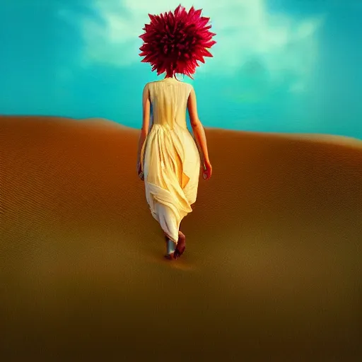 Image similar to closeup giant dahlia flower crown head, a girl walking between dunes, surreal photography, sunrise, blue sky, dramatic light, impressionist painting, digital painting, artstation, simon stalenhag