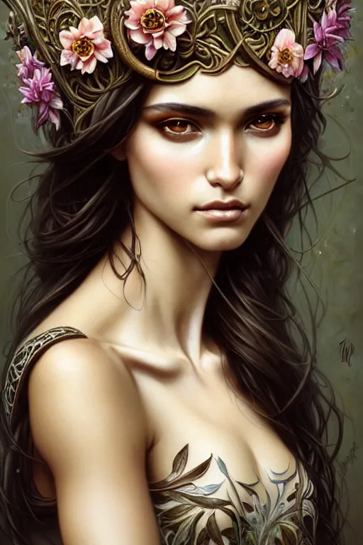 Prompt: portrait of a Brazilan Supermodel wearing a floral crown, olive skin, long dark hair, beautiful bone structure, art nouveau, fantasy, intricate flower designs, elegant, highly detailed, sharp focus, art by Artgerm and Greg Rutkowski and WLOP