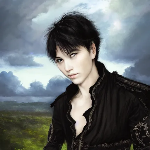 Image similar to a portrait of a young handsome prince, white fringy hair, white shirt, black tunic, smooth, epic clouds, beautiful landscape, backlit, incredible lighting, strong rim light, highly detailed, god rays, digital painting, HDRI, by Heise Jinyao, Heise-Lian Yan Fang, Feimo, Richard Taddei, vivid colors, high contrast, 8k resolution, intricate, photorealistic