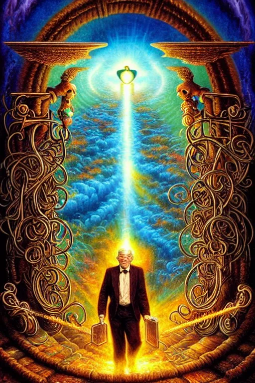 Prompt: a photorealistic detailed cinematic image of a departed soul crossing the ornate portal to the afterlife. met by friends and family, overjoyed, by pinterest, david a. hardy, kinkade, lisa frank, wpa, public works mural, socialist