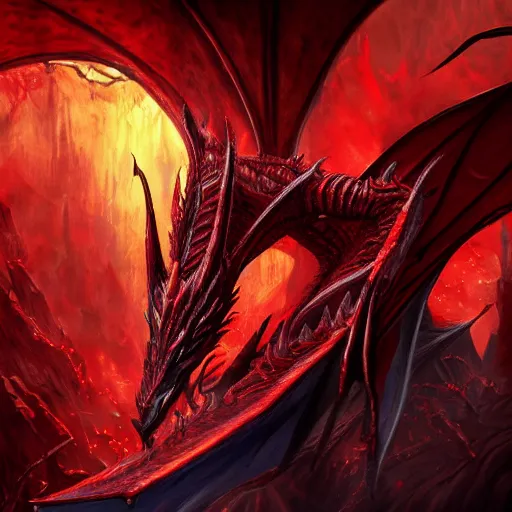 Prompt: the return of nicol bolas the dragon god from magic the gathering, in the style of magic the gathering, black and blue and red color scheme, d & d, fantasy, art by raymond swanland and svetlin velinov, intricate detail, cinematic, 8 k, featured on artstation, pixiv