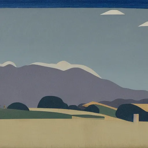 Prompt: clean grassland, snow - capped mountains in the distance, clouds in the sky, will barnet