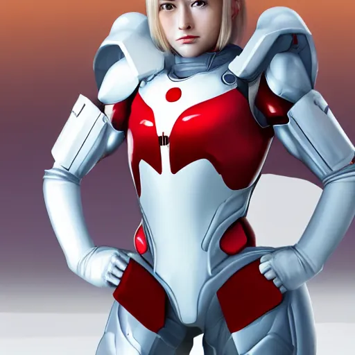 Image similar to portrait of a beautiful female soldier, no makeup, in glossy sleek white armor inspired by samus aran and a long red cape, head tilted back, determined expression, no helmet, on the surface of mars, cinematic, sci-fi, hyperrealistic, detailed