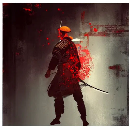 Image similar to artwork by Craig Mullins and Russ Mills and SPARTH showing a well-adjusted samurai in front of a red circle