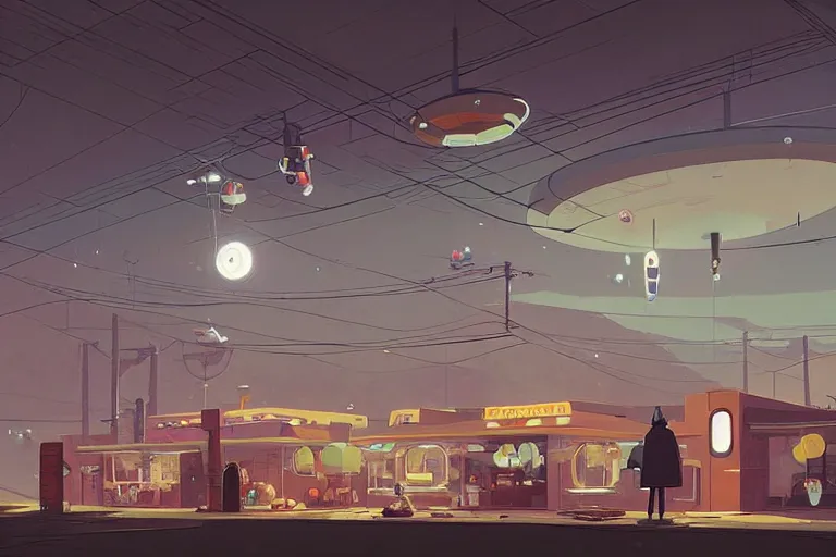 Prompt: A spaceship hovering over a doughnut shop, zapping the paper bags out of each customer's hands as they leave, mystical, intricate, by by Goro Fujita and Simon Stalenhag, and Adrian Ghenie