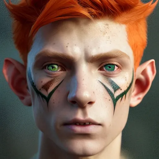 Image similar to portrait painting of an elven eladrin young man with short light orange hair and freckles and tribal tattoos on his cheekbones, ultra realistic, concept art, intricate details, eerie, highly detailed, photorealistic, octane render, 8 k, unreal engine. art by artgerm and greg rutkowski and charlie bowater and magali villeneuve and alphonse mucha