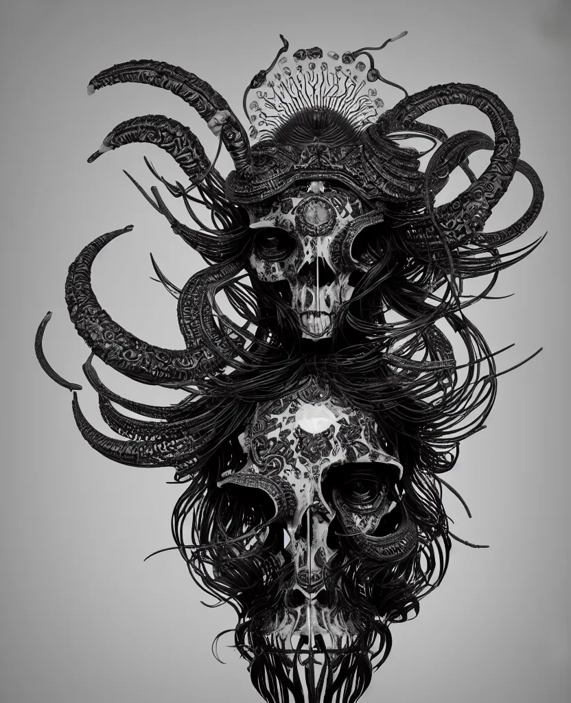 Image similar to goddess princess face close-up portrait ram skull. sculpture made of black obsidian. jellyfish phoenix head, nautilus, orchid, skull, betta fish, bioluminiscent creatures, intricate artwork by Tooth Wu and wlop and beeple. octane render, trending on artstation, greg rutkowski very coherent symmetrical artwork. cinematic, hyper realism, high detail, octane render, 8k