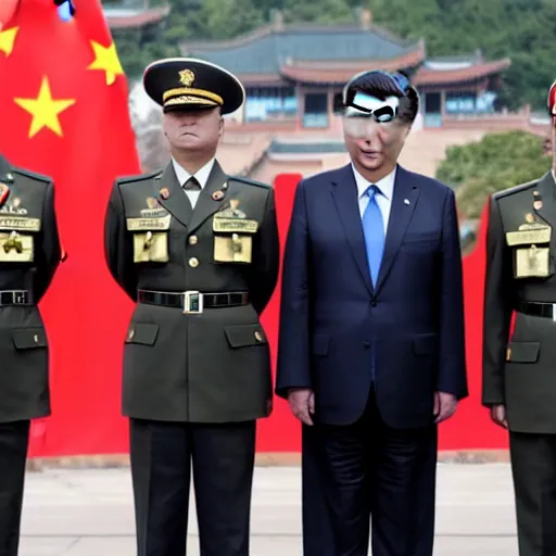 Prompt: Pelosi and Trump wore Chinese military uniforms and saluted under the Chinese flag.