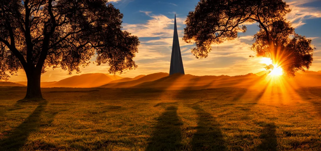 Prompt: a photograph of a beautiful landscape at sunset with lines of love hearts dancing towards a central spire, nikon d 8 5 0, golden hour, god rays