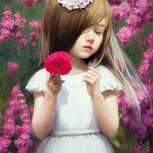 Prompt: little girl with flowers in hair wearing an white dress, ilya kuvshinov