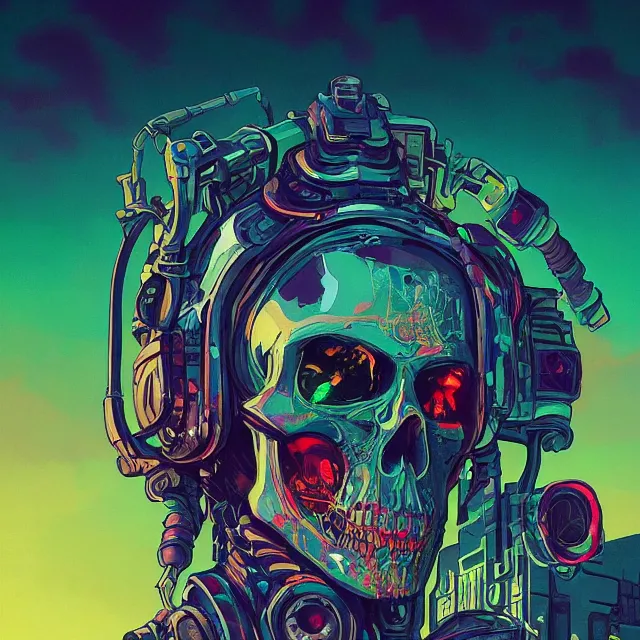 Prompt: a beautiful painting of a cyberpunk skull by simon stalenhag and pascal blanche and alphonse mucha. in style of digital art. colorful comic, film noir, symmetry, hyper detailed. octane render. trending on artstation