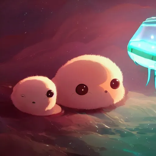 Prompt: baby harp seals being eaten by a jellyfish robots on a crystalline alien world, atey ghailan, goro fujita, studio ghibli, scary lighting, clear focus, very coherent