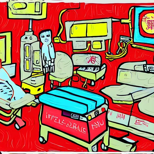 Image similar to surgery operating table, in the style of daniel johnston and outsider art, 8k, line brush, overlaid with chinese adverts