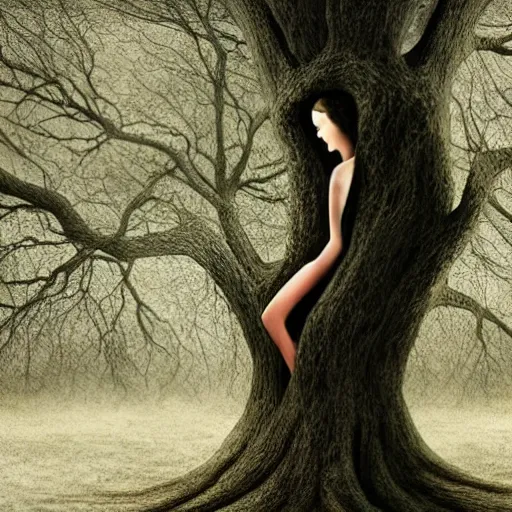 Image similar to Woman grown into a tree, dark, art