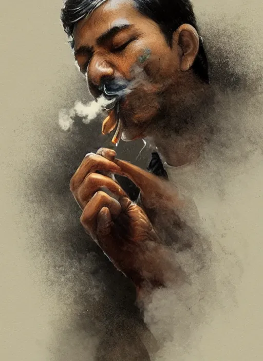 Image similar to Portrait of Shibu Inu smoking a cigar in his mouth blowing smoke, realistic, detailed, 4k by Greg Rutkowski Mark Arian trending on artstation