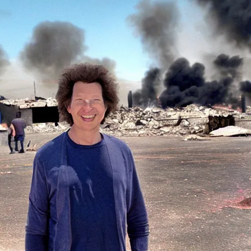 Image similar to a photo of an orphanage burning down in the background and neil breen smiling in the foreground, strong depth of field