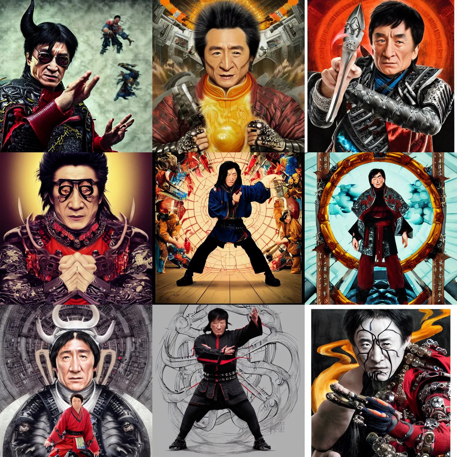 Prompt: a cinematic portrait of a fashionable kungfu wizard cyborg jackie chan that is wearing a cybergoth viking warrior outfit in the style of william blake and norman rockwell, kubrick, escher, subtle junji ito, subtle giger, vivid color scheme, artstation, imdb, 8 k, magnificent, glorious