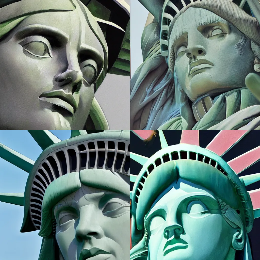 Prompt: highly realistic artstation painting portrait , statue of liberty close up ,very sharp