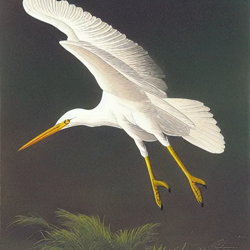 Prompt: a flying egret, by john-audubon