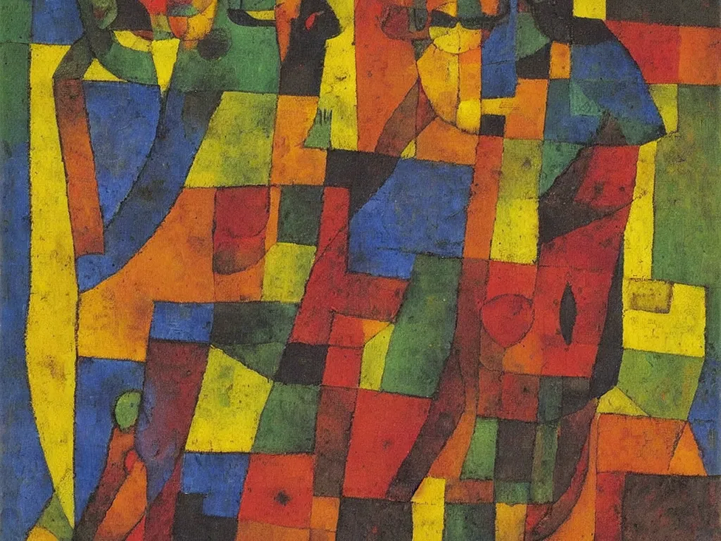 Prompt: portrait of a joyful hunter. painting by paul klee