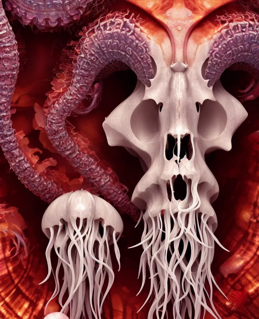 Image similar to goddess close-up portrait ram skull. jellyfish phoenix head, nautilus, orchid, skull, betta fish, bioluminiscent creatures, intricate artwork by Tooth Wu and wlop and beeple. octane render, trending on artstation, greg rutkowski very coherent symmetrical artwork. cinematic, hyper realism, high detail, octane render, 8k