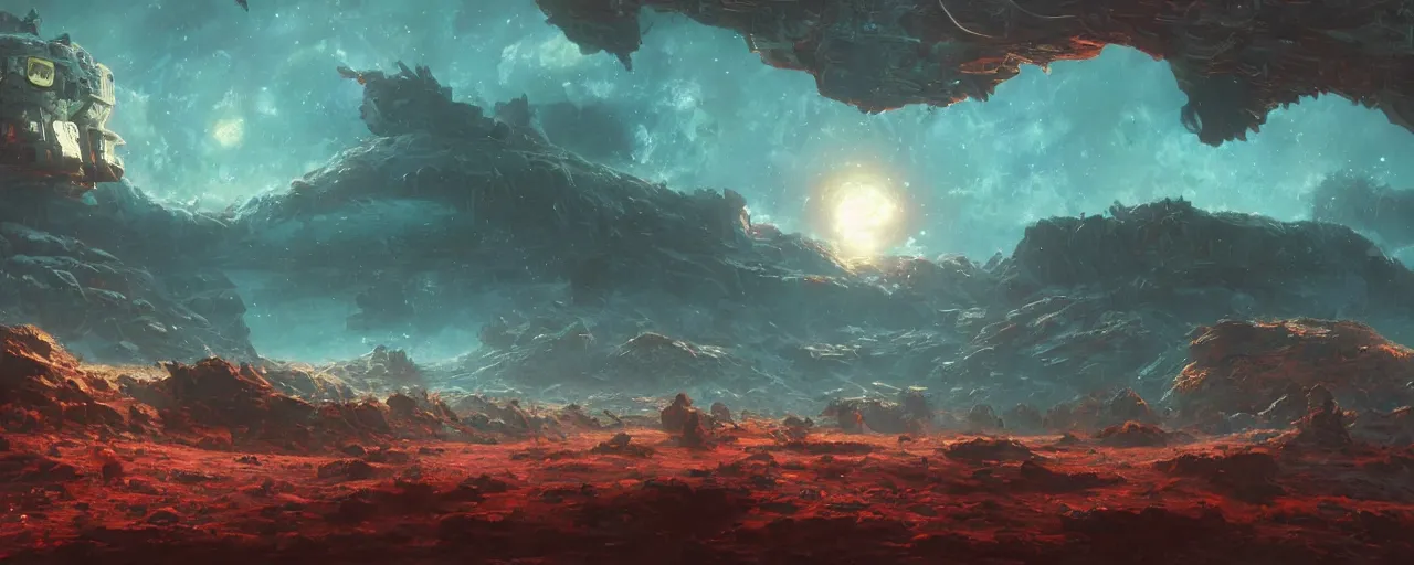 Image similar to ” outer planet landscape, [ cinematic, detailed, epic, widescreen, opening, establishing, mattepainting, photorealistic, realistic textures, octane render, art by paul lehr ] ”