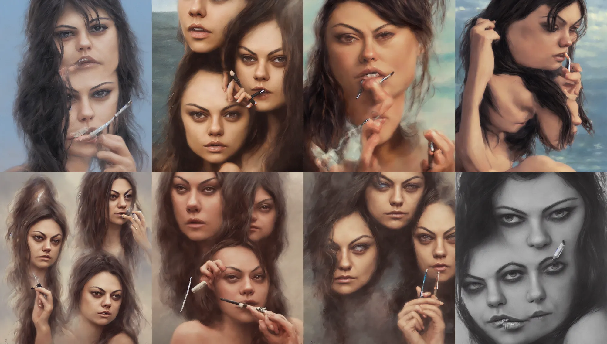 Image similar to winking mila kunis smoking a cigarette closeup portrait, dramatic light, lake background, 2 0 0 mm focal length, 1 9 7 0 s, painted by stanley lau, painted by greg rutkowski, painted by stanley artgerm, digital art, trending on artstation