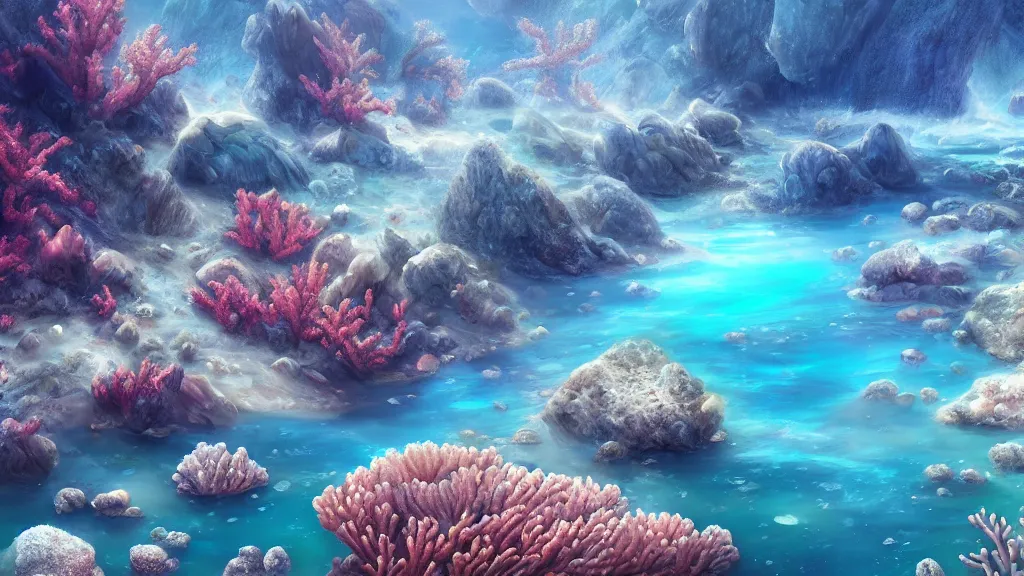 Prompt: landscape, corals, nacre, sea, white stones, iridescent. fantasy, digital painting, hd, highly detailed.