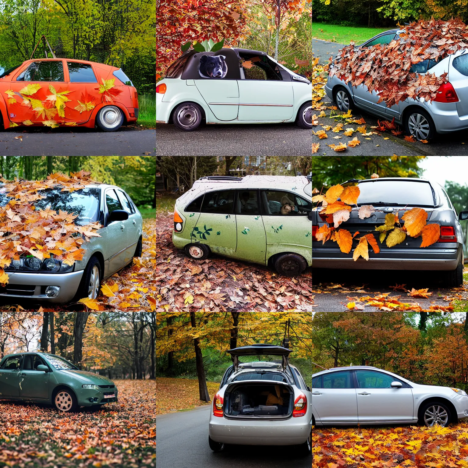 Prompt: car partially covered by hundeds of small leaf