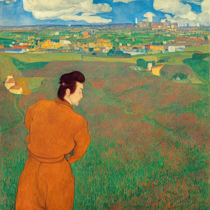 Prompt: close portrait of prisoner with thistle, with city with orchard seen from the prison window frame. sun through the clouds, vivid iridescent colors. agnes pelton, egon schiele, henri de toulouse - lautrec, utamaro, monet