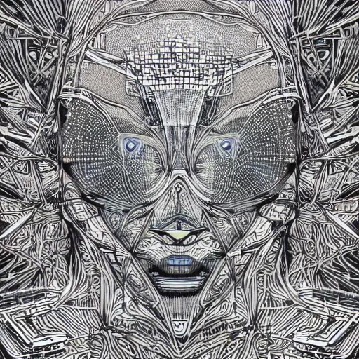 Image similar to Geometrically surreal Artificial Intelligence extremely high detail, photorealistic, intricate line drawings, dotart, album art in the style of James Jean