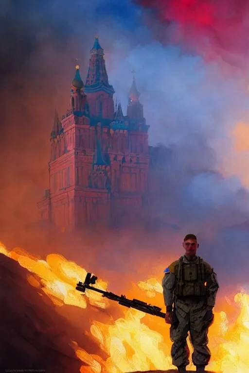 Image similar to special forces soldier with ukrainian blue and yellow flag watching red square burn, masculine figure, d & d, fantasy, bright atmosphere, volumetric lights, intricate, elegant, extremely detailed, digital painting, artstation, concept art, matte, smooth, sharp focus, hyper realistic, illustration, art by artgerm and greg rutkowski and alphonse mucha