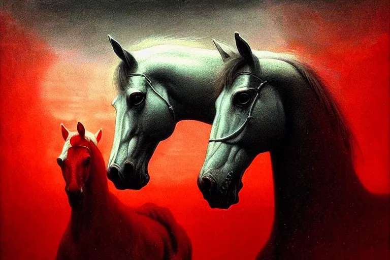 Image similar to a white cyberpunk horses with human heads, in the style of beksinski, intricate and epic composition, red by caravaggio, insanely quality, highly detailed, masterpiece, red light, artstation, 4 k