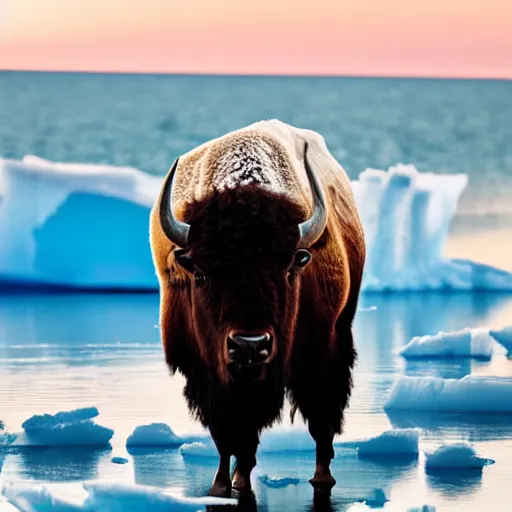 Image similar to photo of a bison on an iceberg in the ocean with peppermint candy sticking out of the sides of the iceberg, 5 0 mm, beautiful photo