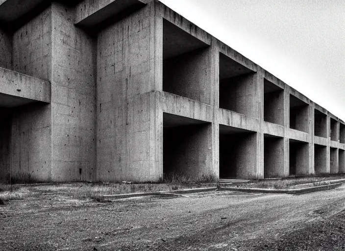 Image similar to High resolution black and white photograph with a 35mm F/22.0 lens of a Brutalist architectural building alone in the middle of a Russian wasteland in the 1980s in the middle of nowhere while foggy. Highly detailed Realistic, Refined, Highly Detailed, fine art fashion photography